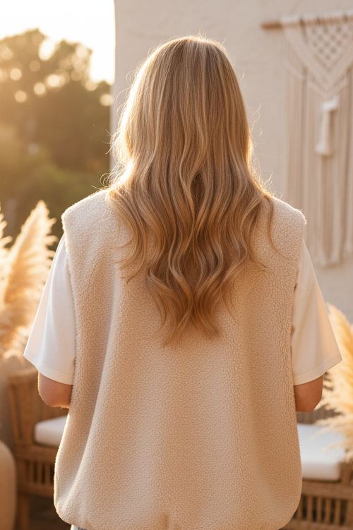 Boho-Luxe Weste aus cremefarbenem Teddyfleece über weißem T-Shirt.