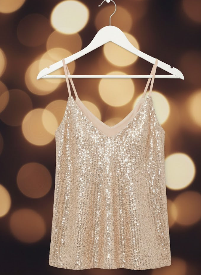 Pailletten Top Damen Champagner Gold – V-Ausschnitt Spaghettiträger