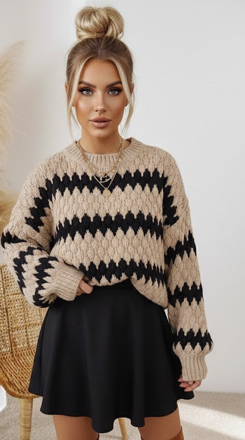 Oversized Pullover Damen Gestreift - Textured Sweater Rundhals Plus Size