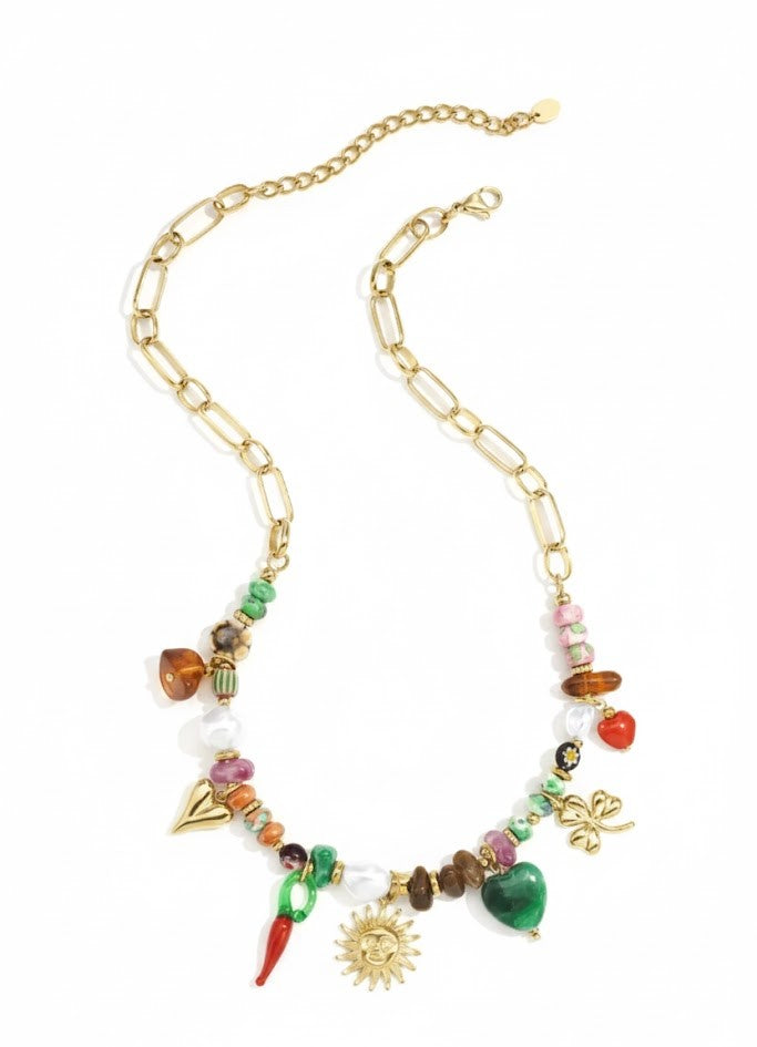 Damen Perlenkette Gold – Boho mit Herz & Sonne Charms & bunten Steinen