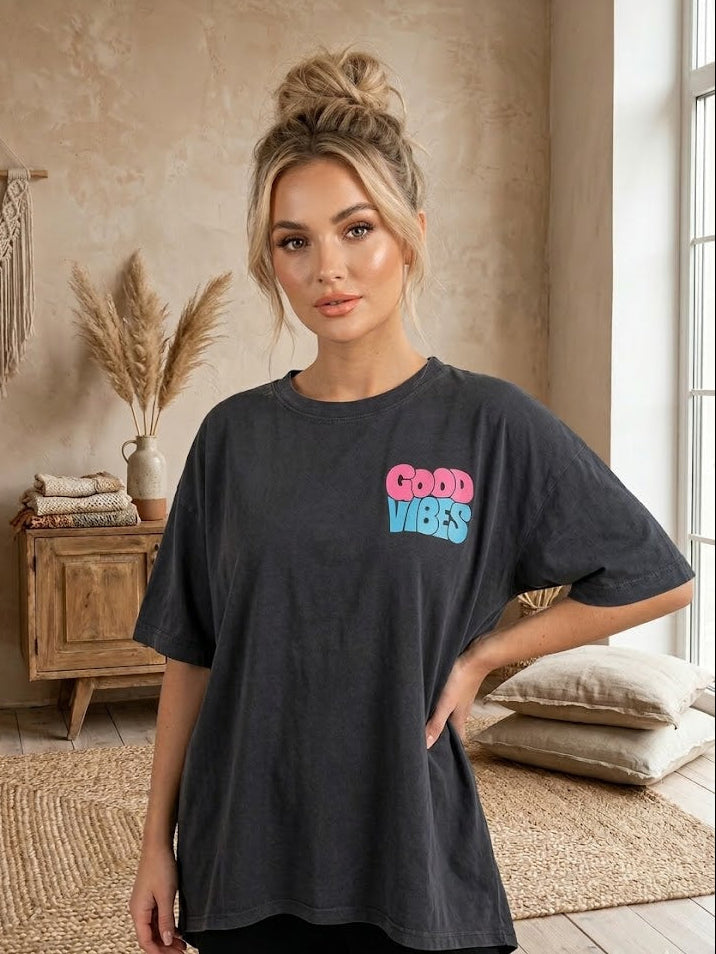 Good Vibes Statement Shirt Anthrazit - Oversized Boho T-Shirt Damen