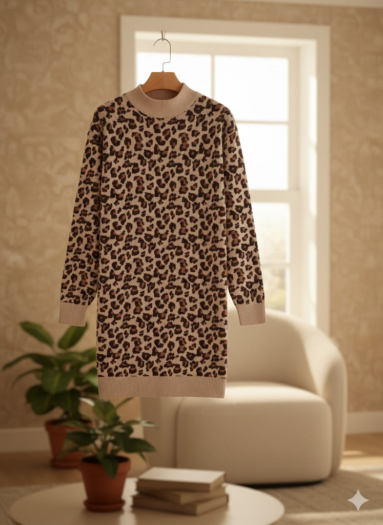 Leoparden Strickkleid Damen – Eleganter Stehkragen Pulloverkleid mit Tiermuster