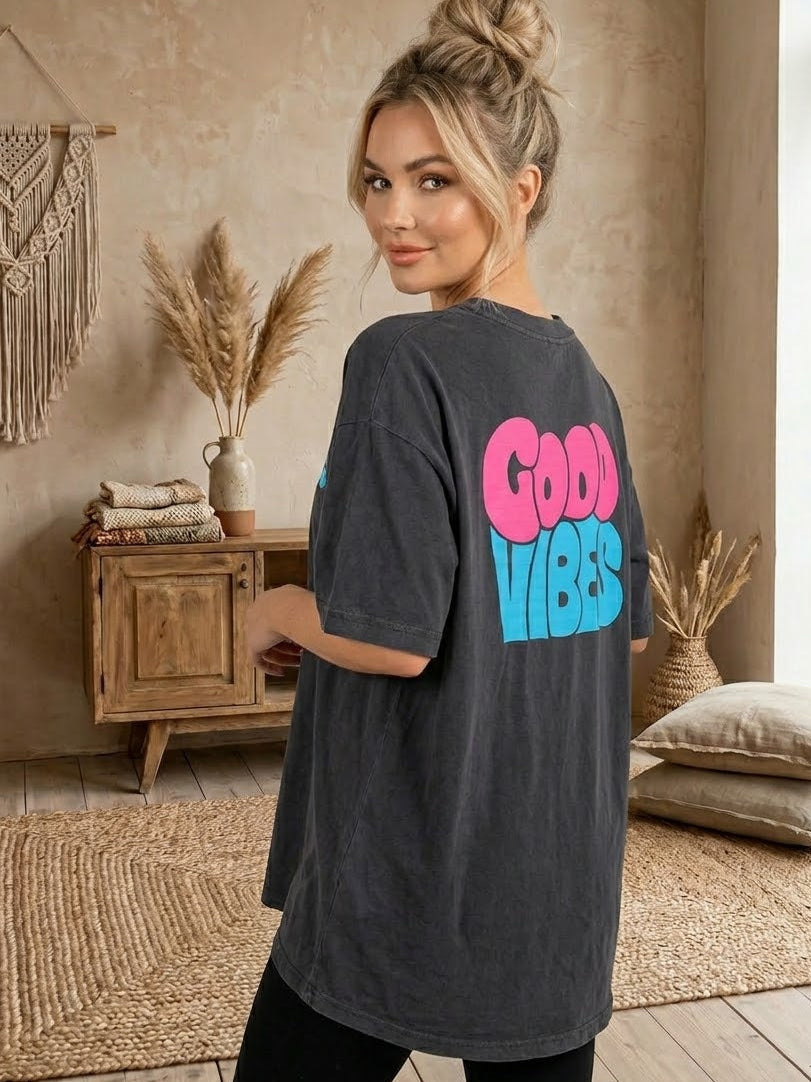 Good Vibes Statement Shirt Anthrazit - Oversized Boho T-Shirt Damen