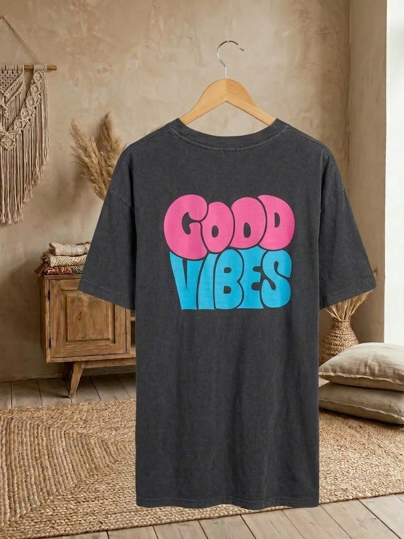 Good Vibes Statement Shirt Anthrazit - Oversized Boho T-Shirt Damen