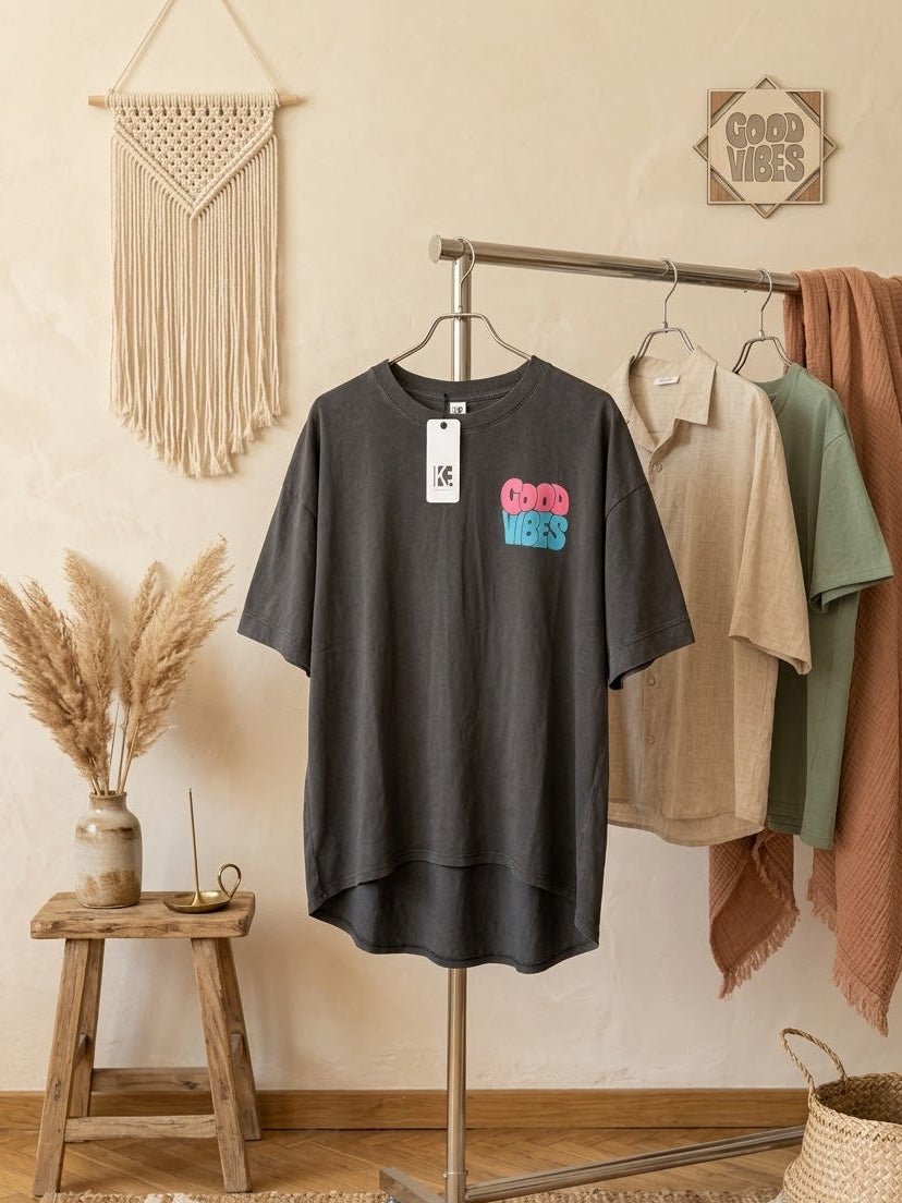Good Vibes Statement Shirt Anthrazit - Oversized Boho T-Shirt Damen