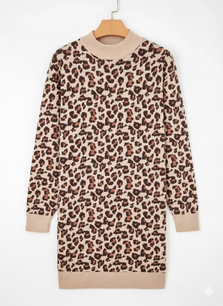 Leoparden Strickkleid Damen – Eleganter Stehkragen Pulloverkleid mit Tiermuster