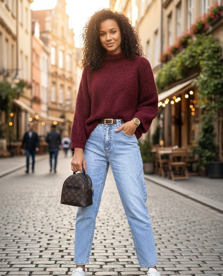 Kuscheliger Bouclé Pullover Bordeaux – Nachhaltiger Strick mit Ballonärmeln