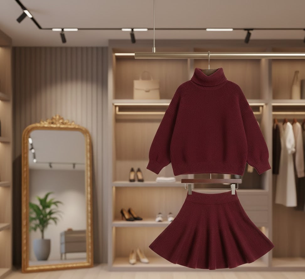 Rollkragen Strickset mit Pullover und Rock - Oversized Damen Zweiteiler