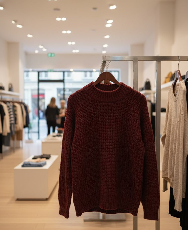 Kuscheliger Bouclé Pullover Bordeaux – Nachhaltiger Strick mit Ballonärmeln