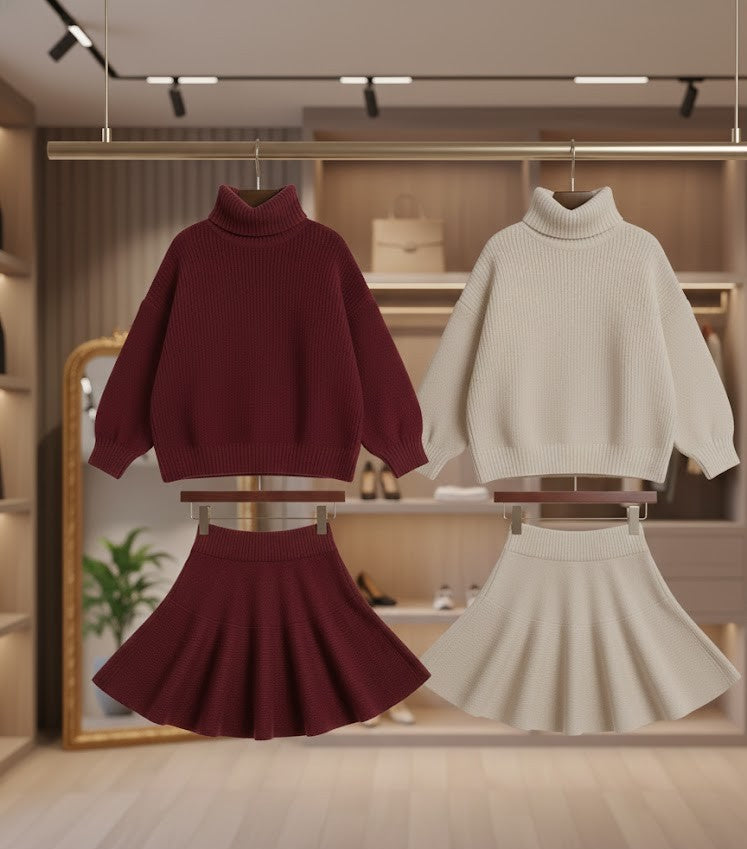 Rollkragen Strickset mit Pullover und Rock - Oversized Damen Zweiteiler