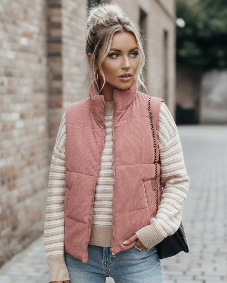 Cord Pufferweste Damen mit Stehkragen – Trendige Weste mit Reißverschluss