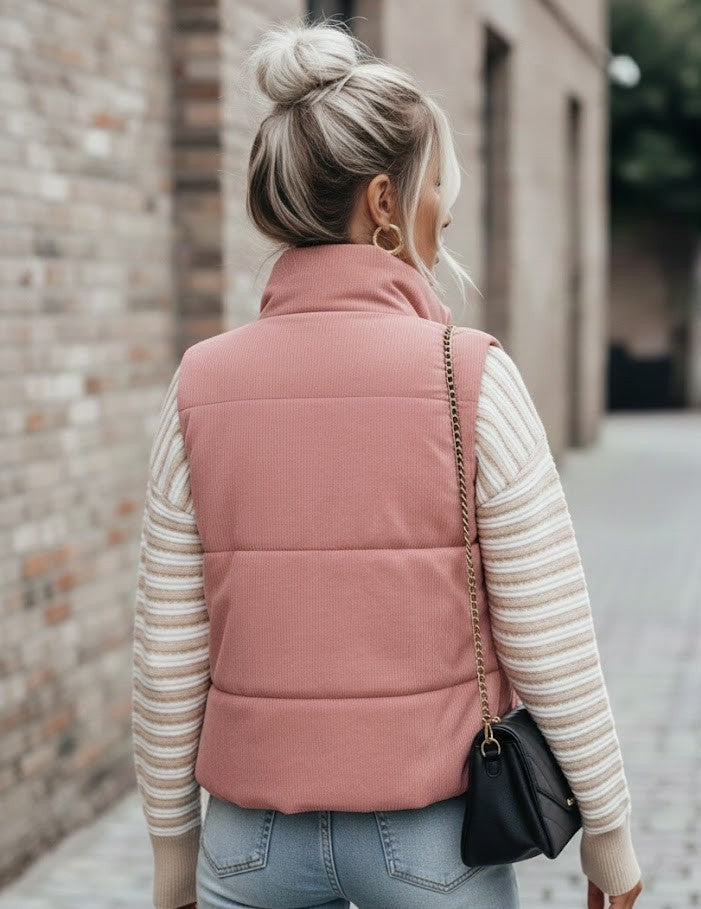 Cord Pufferweste Damen mit Stehkragen – Trendige Weste mit Reißverschluss