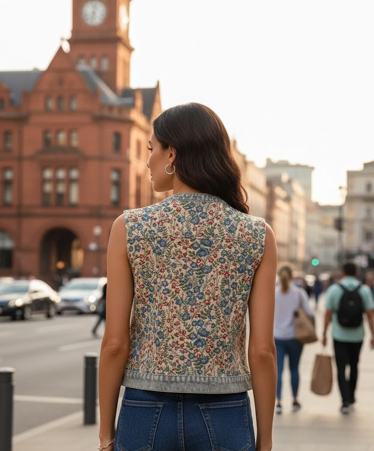 Denim Weste Damen mit Blumenstickerei – Ärmellos & Trendy