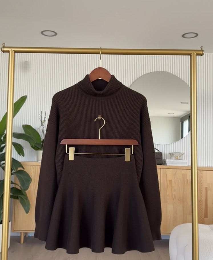 Rollkragen Strickset mit Pullover und Rock - Oversized Damen Zweiteiler