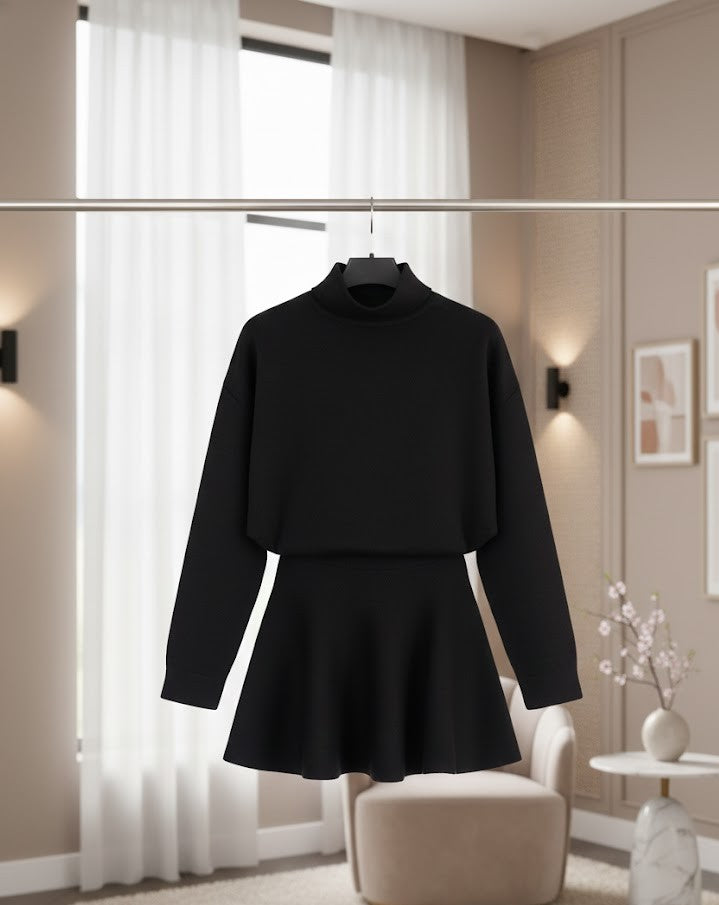 Rollkragen Strickset mit Pullover und Rock - Oversized Damen Zweiteiler