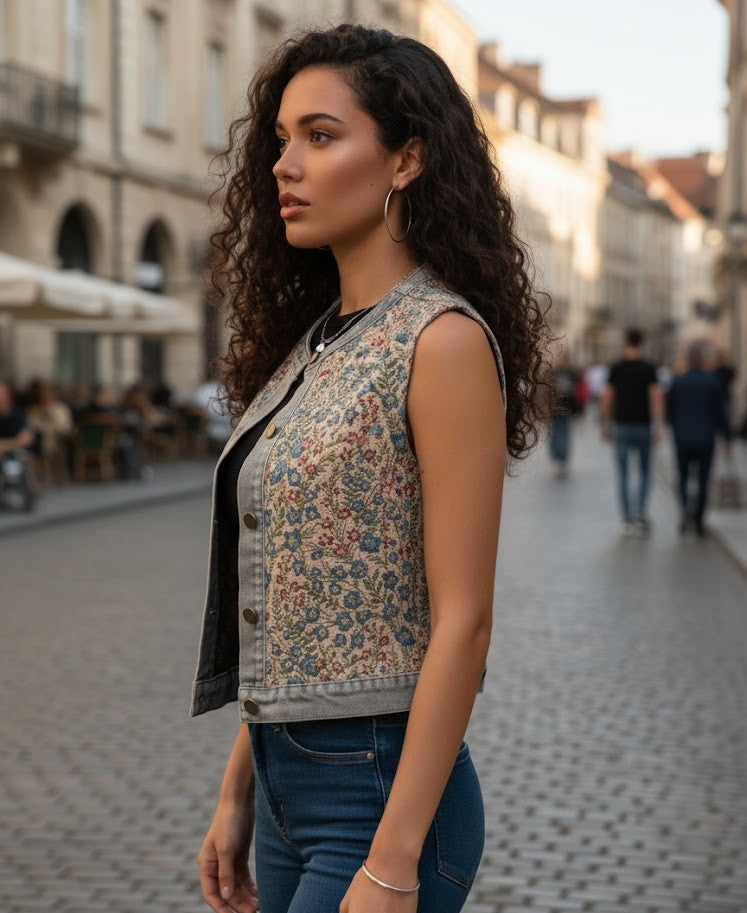 Denim Weste Damen mit Blumenstickerei – Ärmellos & Trendy