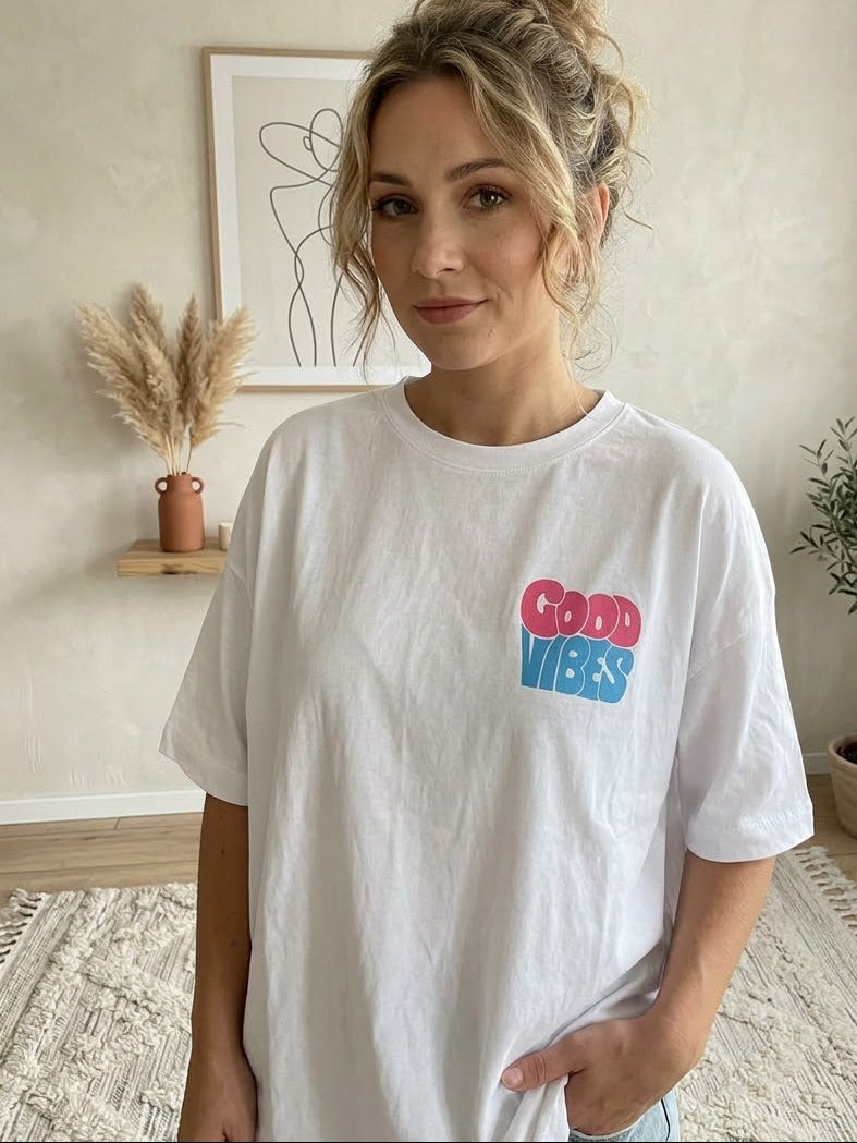Good Vibes T-Shirt Weiß - Oversized Retro Shirt Damen Baumwolle