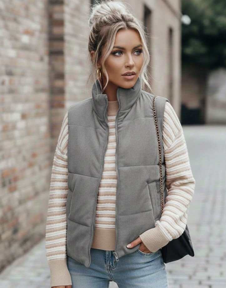 Cord Pufferweste Damen mit Stehkragen – Trendige Weste mit Reißverschluss