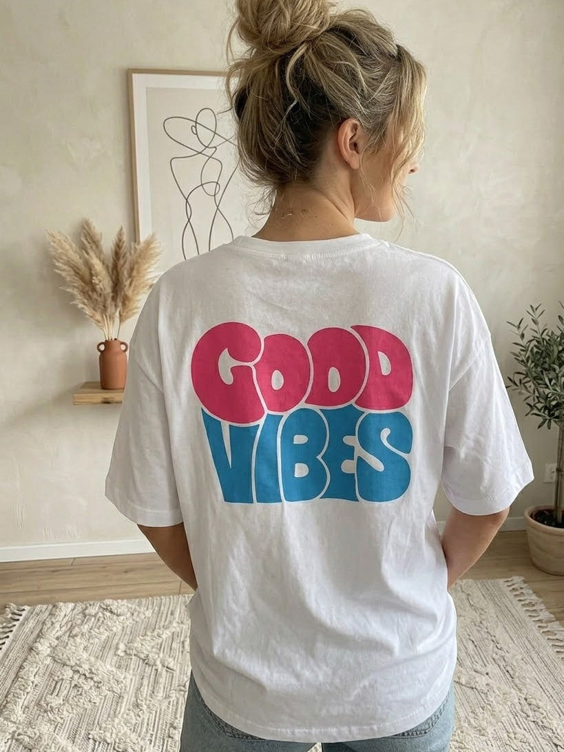 Good Vibes T-Shirt Weiß - Oversized Retro Shirt Damen Baumwolle