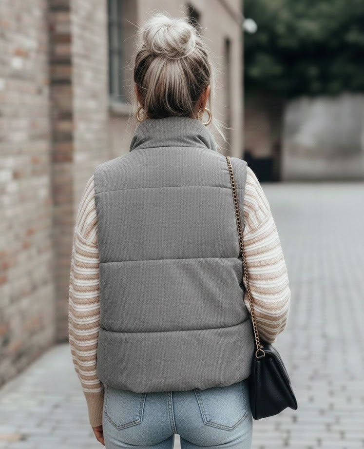 Cord Pufferweste Damen mit Stehkragen – Trendige Weste mit Reißverschluss
