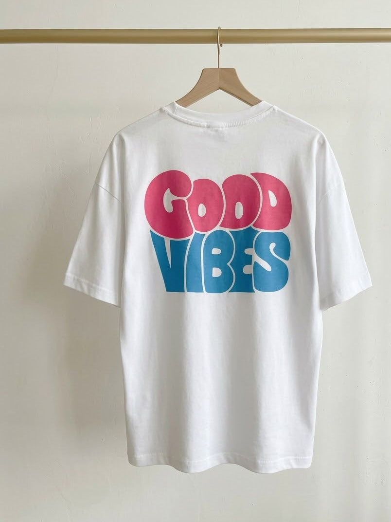 Good Vibes T-Shirt Weiß - Oversized Retro Shirt Damen Baumwolle