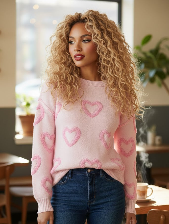 Oversized Pullover mit Herz-Motiv und Puffärmeln - Baggy Sweater