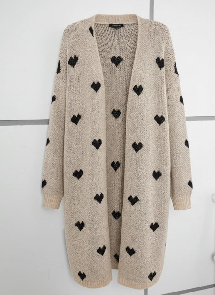 Damen Strick Cardigan Herzmuster – Beiger Long Cardigan mit Herzen