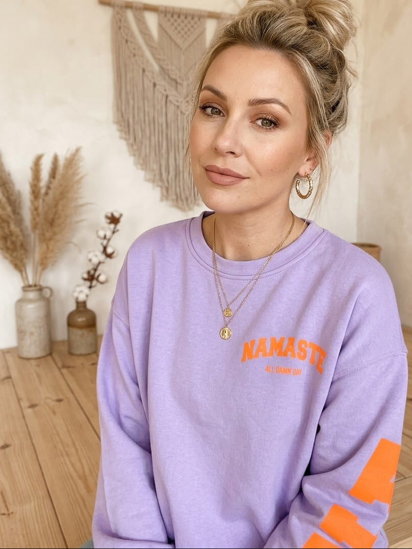 Namaste Sweatshirt Lavendel Orange - Oversize Boho Pullover Damen