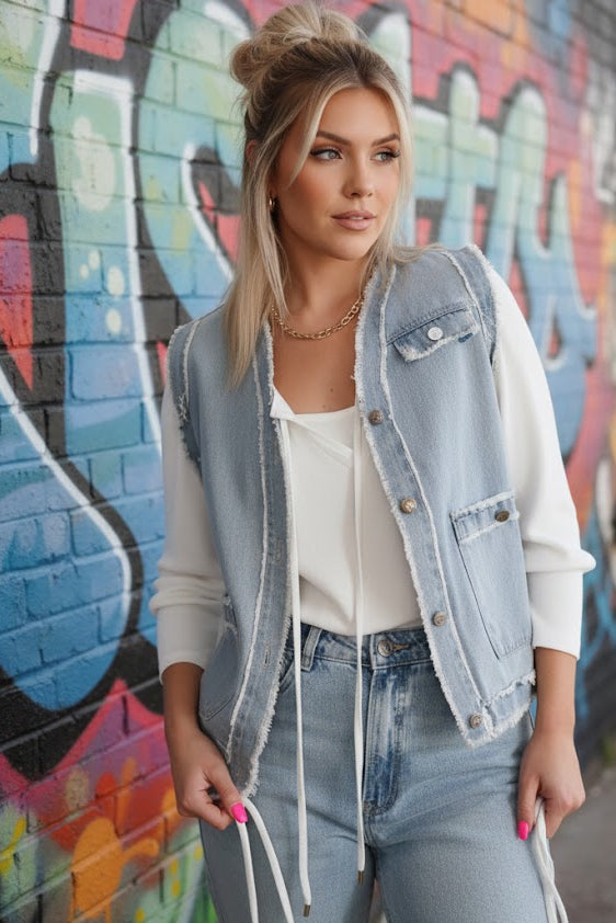 Beau Blue Denim Weste mit Frayed Edge & Brusttaschen
