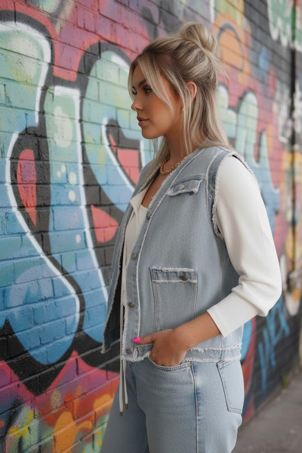 Beau Blue Denim Weste mit Frayed Edge & Brusttaschen