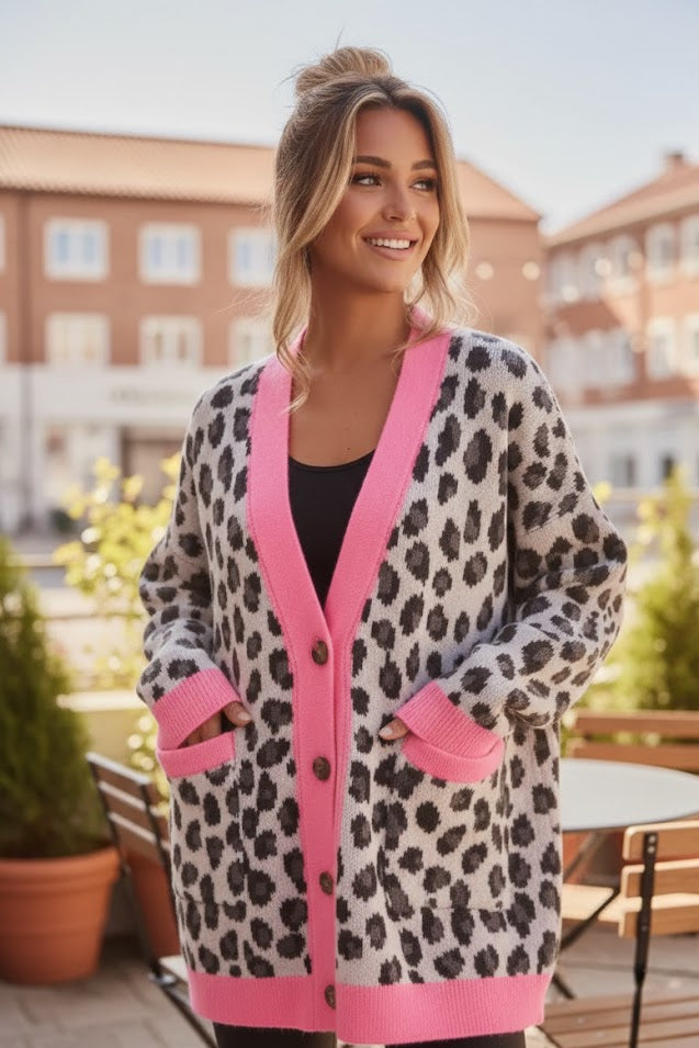 Khaki Oversize Cardigan mit Leopardenmuster & Color Block Trim