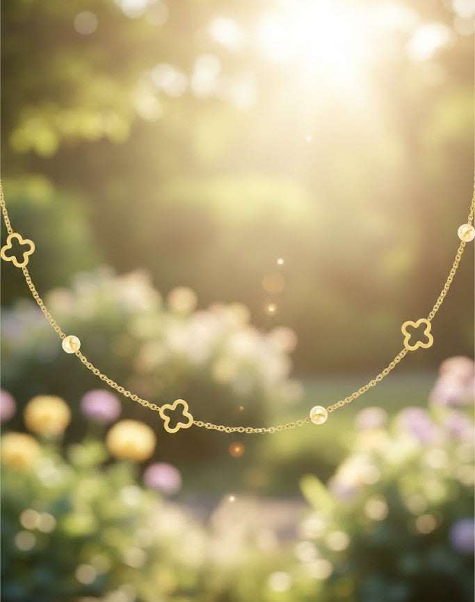 Damen Halskette Edelstahl – Kleeblatt mit Perlen in Gold