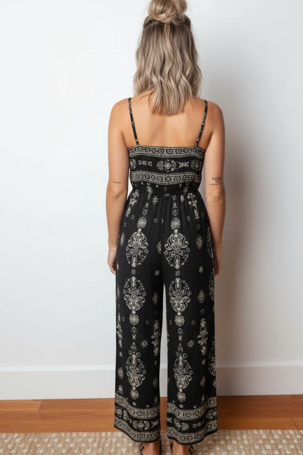 Boho Jumpsuit Damen Schwarz | Ethnic Print Wide Leg | Sommer Overall