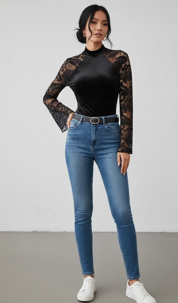 Eleganter schwarzer Spitzenbody für Damen