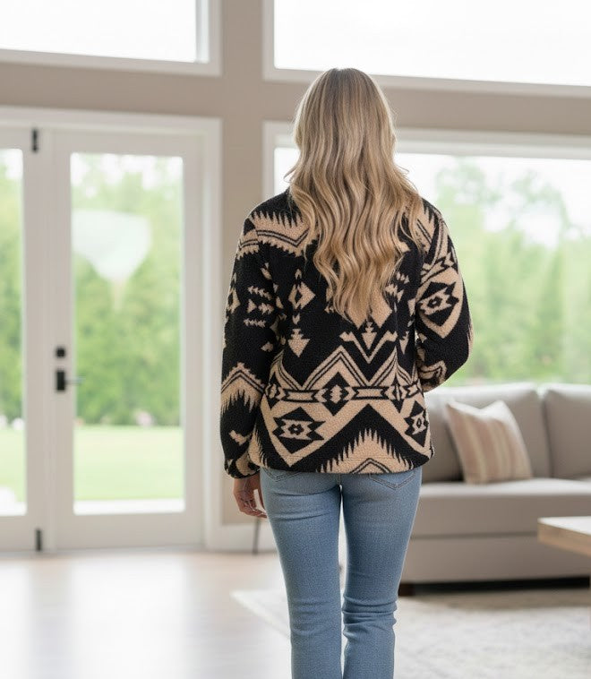 Western Aztec Half Zip Sweatshirt - Plüsch Pullover mit Reißverschluss