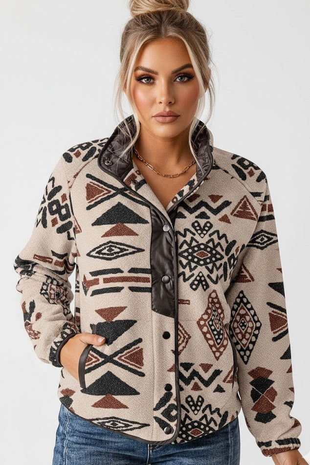 Damen Fleecejacke Western Aztec Print - Warme Shacket mit Druckknöpfen und Taschen