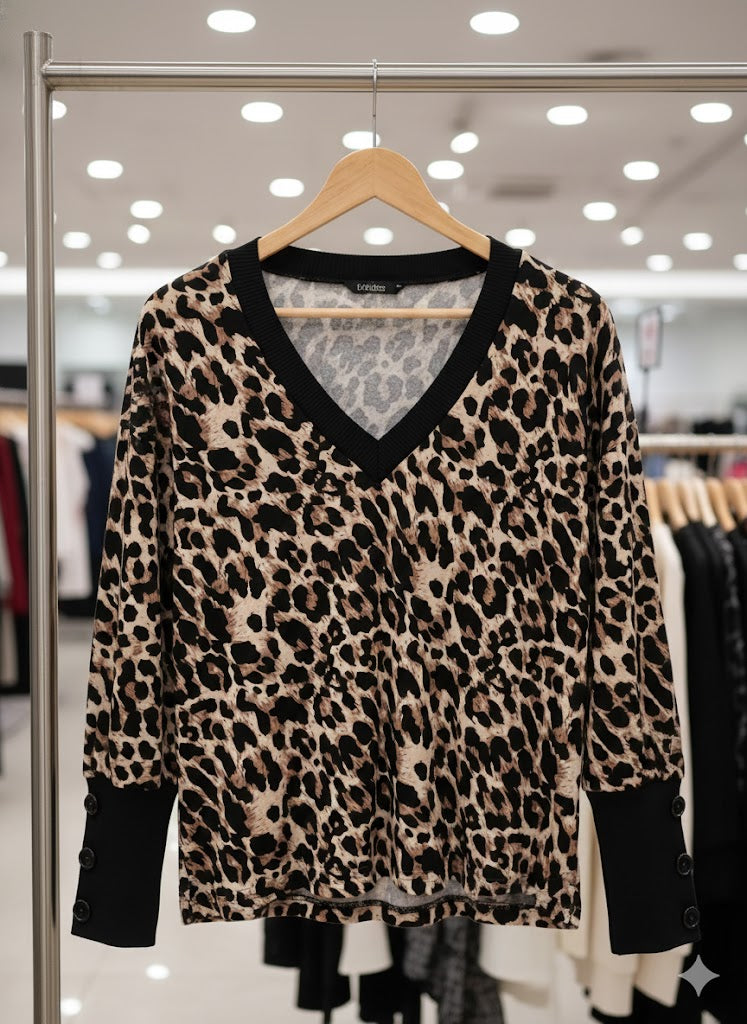 Leoparden-Print Langarmshirt Damen – V-Ausschnitt Animal Print Shirt