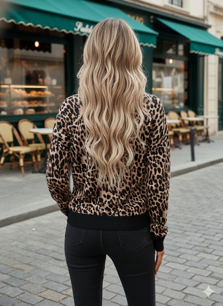 Leoparden-Print Langarmshirt Damen – V-Ausschnitt Animal Print Shirt