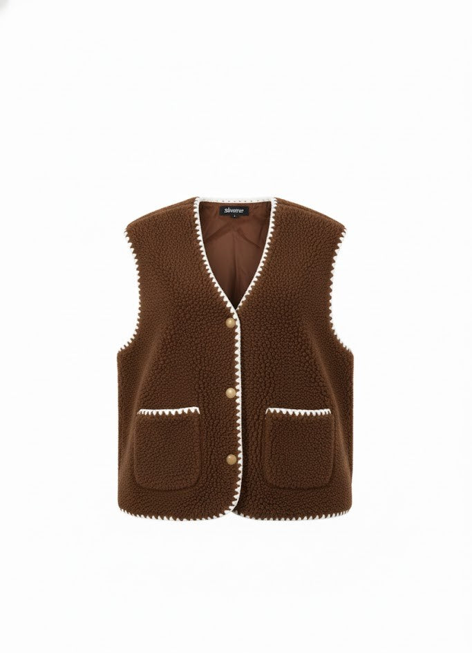 Damen Weste Color Clash Herbst Winter – Casual Polyester Weste in Weiß, Khaki & Dunkelbraun