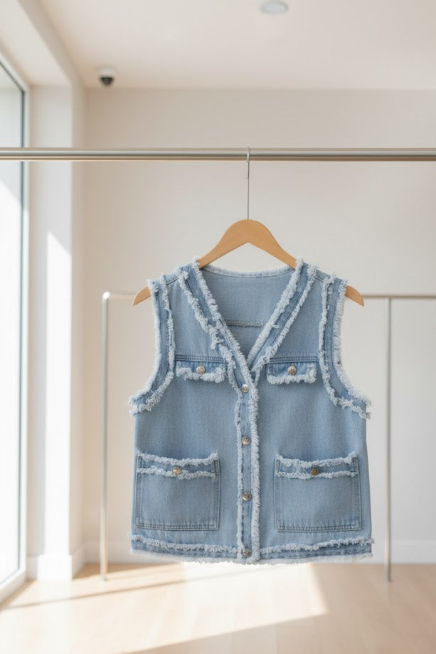 Beau Blue Denim Weste mit Frayed Edge & Brusttaschen