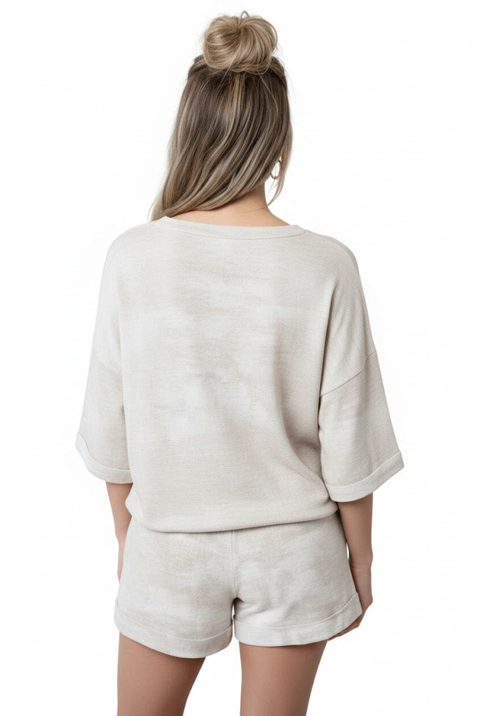 Beige Vintage Tie-Dye Short Set – 2-teilig mit Kordelzug