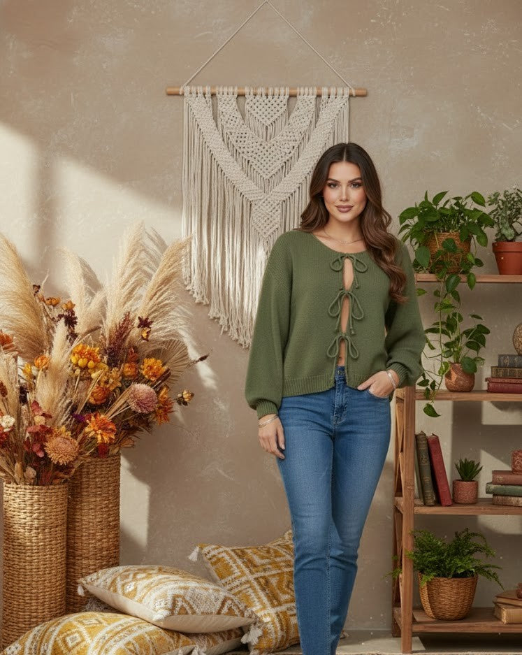 Eleganter Boho-Strickpullover mit charmanten Bindedetails