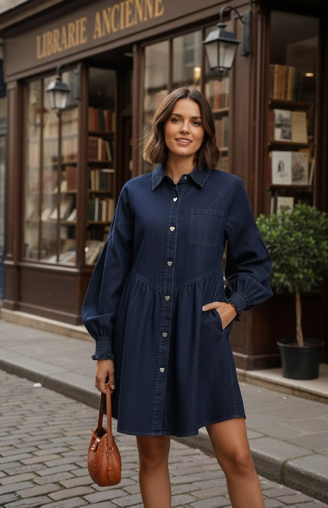 Bequemes Denim-Hemdkleid mit Herz-Details