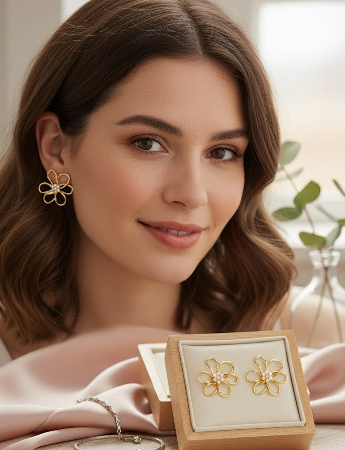 Ohrringe,Blüten,Damen,Charmant,feminin,Gold,Perle,Glanz,edel,Schmuck,modern,Edelstahl