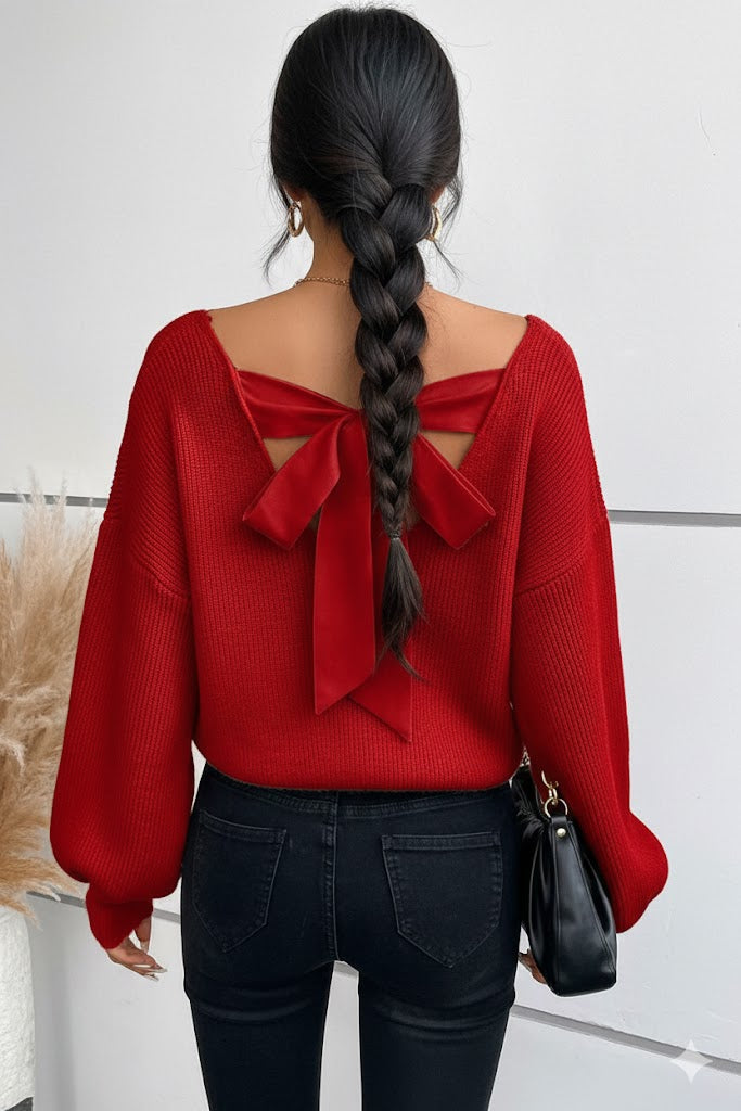 Damen Strickpullover – Luxuriös mit Laternenärmeln & V-Ausschnitt