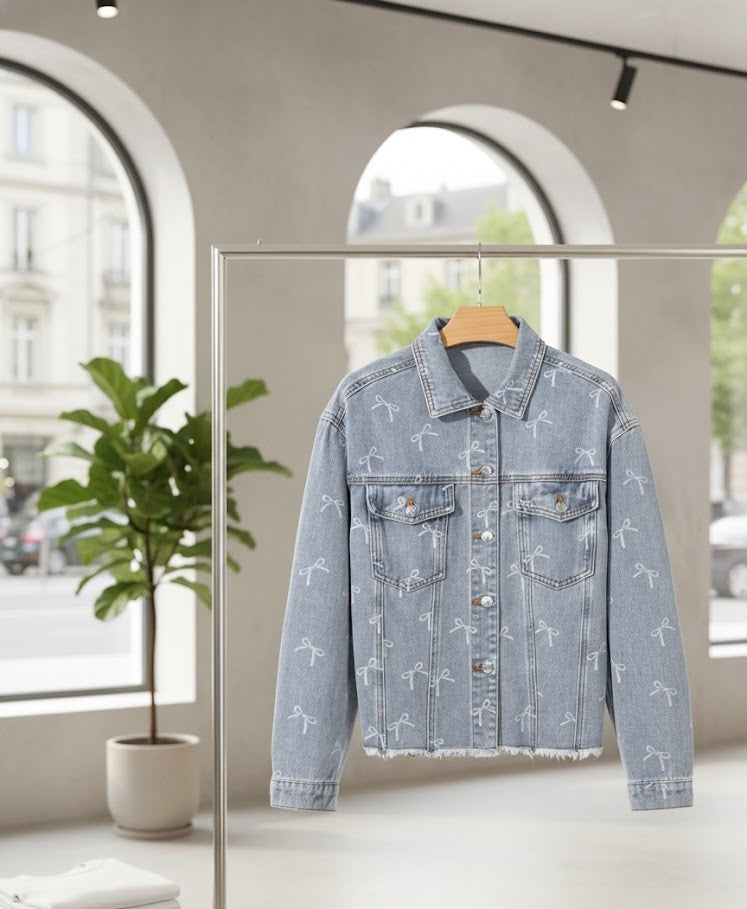 Bow Knot Print Denim Jacket Light Wash – Verspielte Jeansjacke