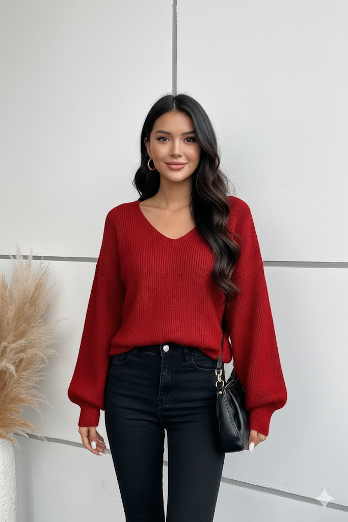 Damen Strickpullover – Luxuriös mit Laternenärmeln & V-Ausschnitt