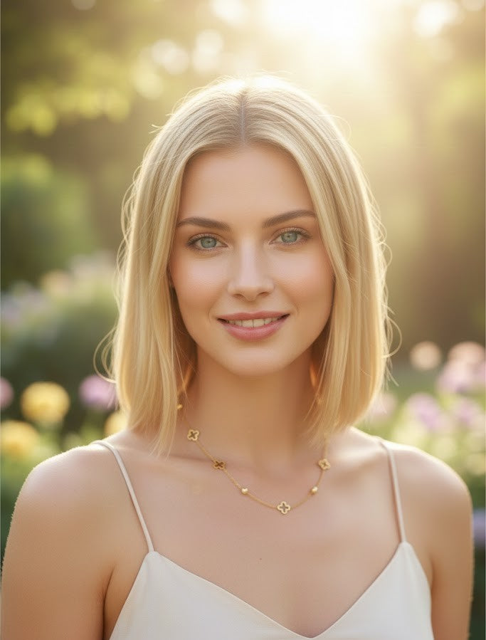 Damen Halskette Edelstahl – Kleeblatt mit Perlen in Gold