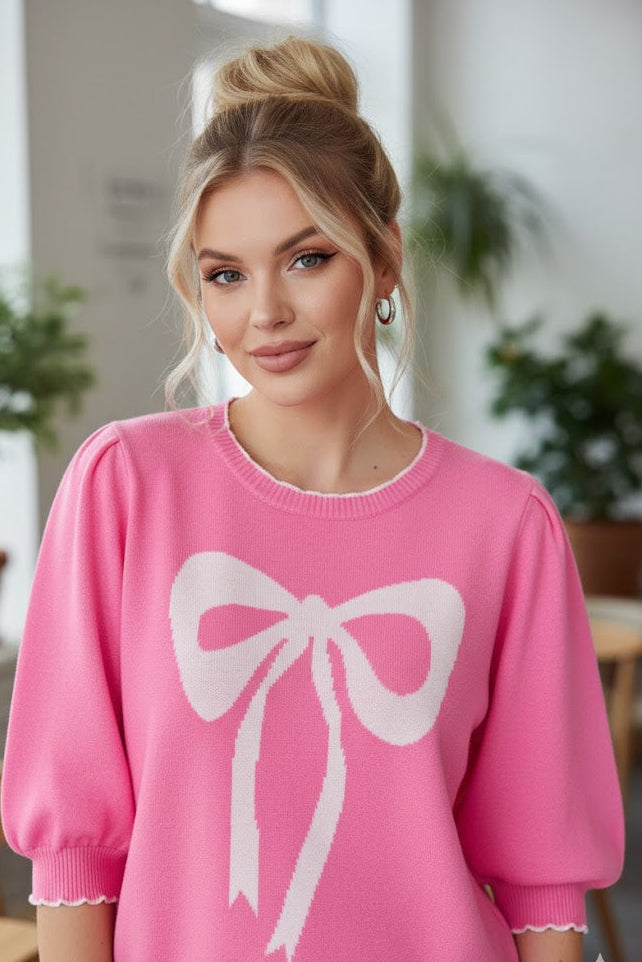 Rosa Pullover mit Schleifen-Print – Drop Shoulder Sweater