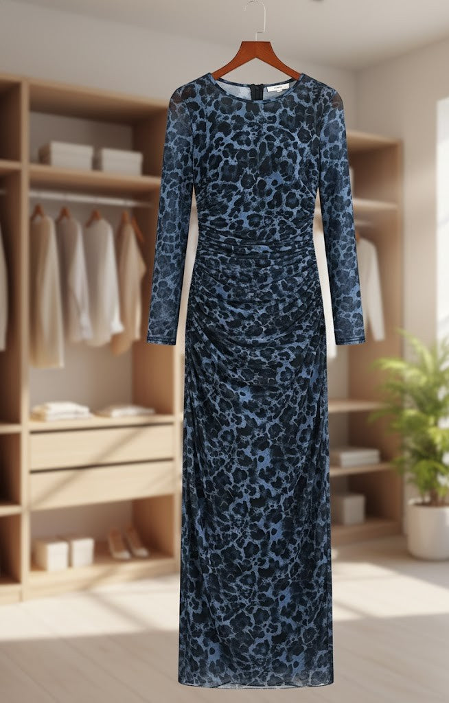 Leoparden-Print Maxikleid Langarm – Elegantes Abendkleid mit Raffung